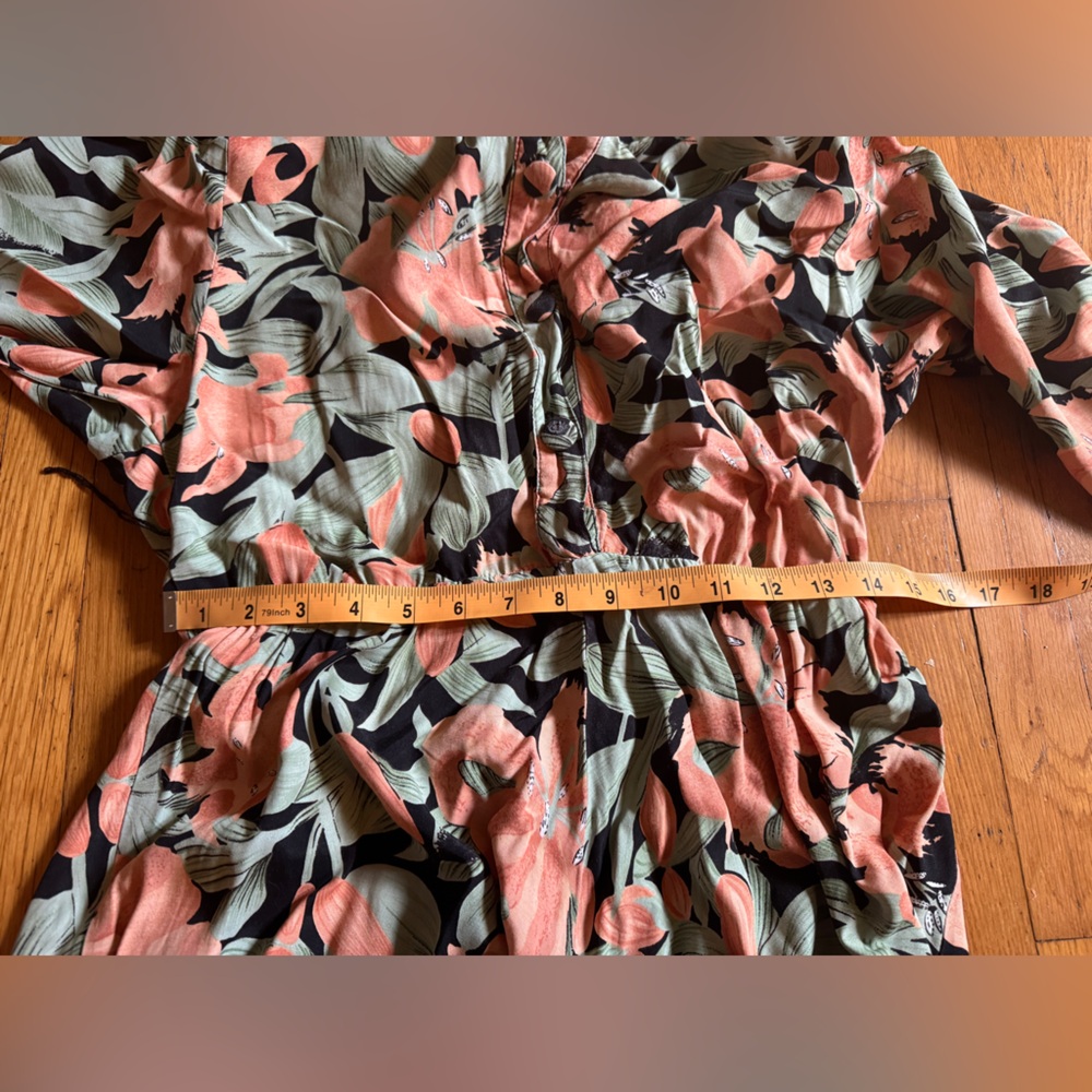80s Vintage Green Black and Pink Floral Shirt Dress - Picture 6 of 9